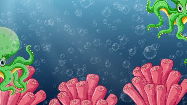 Cartoon Green Octopuses Swimming Over Pink Coral Reef Loop