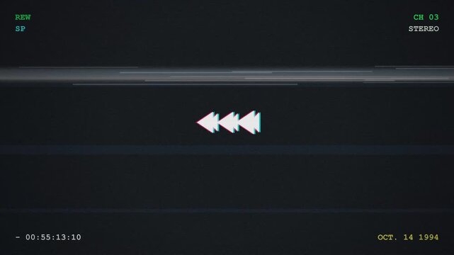 Retro VHS rewind symbol with distorted glitch effects and vintage playback interface for nostalgic media motion graphics background 4K animation