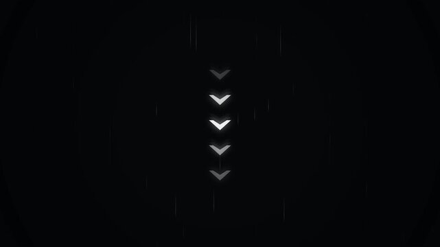 Seamless looping animated arrow sequence vertical motion graphic with glowing directional pulses and minimalist black technology background design 4K animation