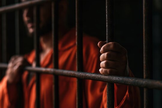 A person in an orange jumpsuit grips prison bars, symbolizing incarceration and confinement in a dimly lit environment.