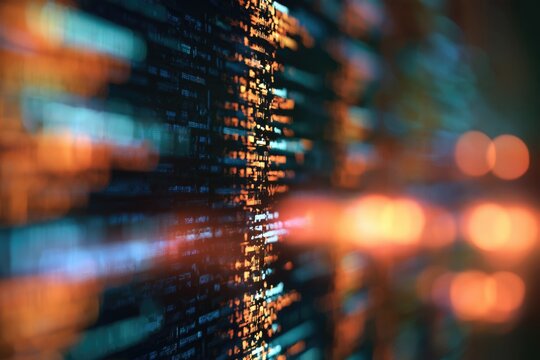 Close-up of colorful, glowing code on a digital screen, representing programming, data processing, or cybersecurity in a futuristic tech environment.