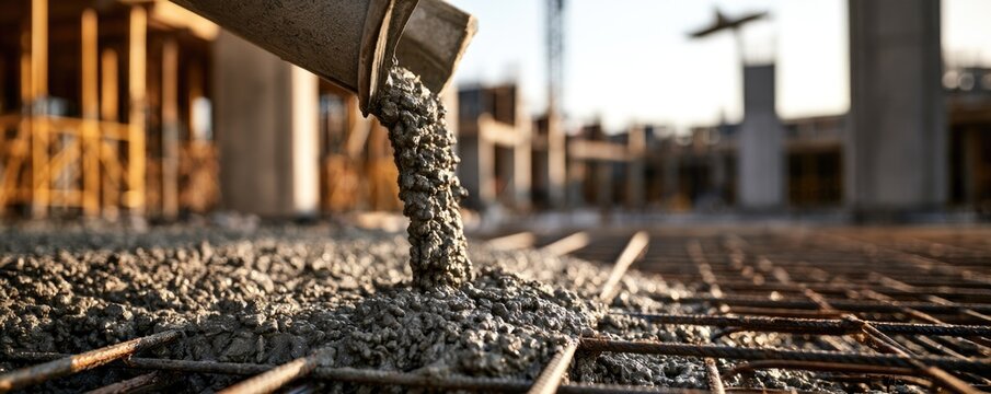 Concrete is being poured over steel reinforcement bars at a construction site during building foundation work.