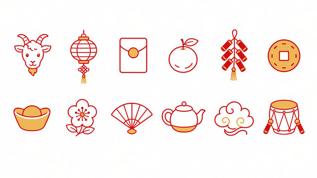 Year of the Goat 2027 red and gold line icon set on white