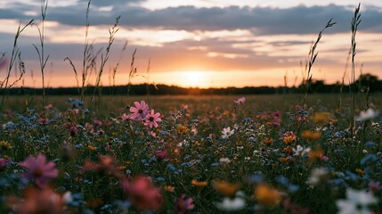 Naklejka premium The Field of Wildflowers at Sunset Over a Quiet Horizon and Blooming Meadow