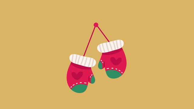 Festive red and green mittens with white stripes and a heart motif, hanging on a string against a warm background.