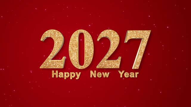 Golden 2027 3D and Happy New Year Text with Glitter Shiny Pattern on Red Animation, Christmas and Holiday Celebtration Videos Motion Background