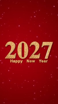 Golden 2027 3D and Happy New Year Text with Glitter Shiny Pattern on Red Animation, Christmas and Holiday Celebtration Videos Vertical Social Media Motion Background