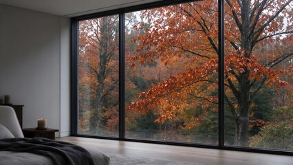 Fototapeta premium Cozy window view with rain drops and autumn forest landscape 6