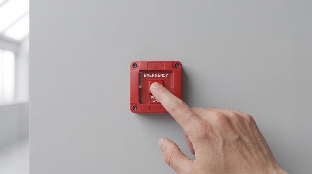 Hand pressing red emergency alarm button on gray wall, fire alarm call point, urgent help, safety alert and crisis response concept