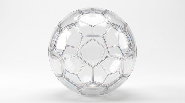 Transparent clear soccer ball with pentagon and hexagon pattern on white background, glass-like sphere sports equipment