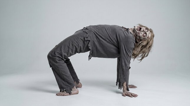 Zombie in torn gray clothes bending backward in a strange crab-walk pose on gray background, Halloween horror concept