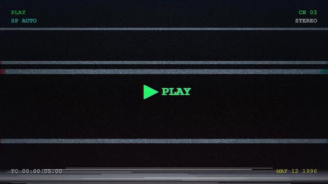 Vintage retro VHS player interface with blinking play button and scanline glitch animation for nostalgic video editing project 4K animation
