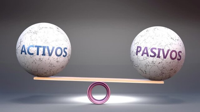 Activos y pasivos - equilibrio sobre una balanza: los activos en un platillo, los pasivos en el otro. El equilibrio de todo balance contable.