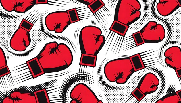 High-energy sports pop art seamless pattern featuring bold red and black boxing gloves with comic speed lines and halftone impact bursts.