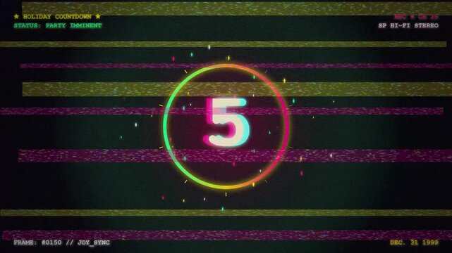 Retro VHS style digital countdown animation with chromatic aberration glitch effects and moving horizontal scan lines in a cinematic 4K animation