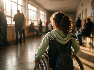 Obraz premium Disabled child in wheelchair at school hallway photo. Young girl student with backpack waiting in corridor with other people. Inclusive education and accessibility photography.