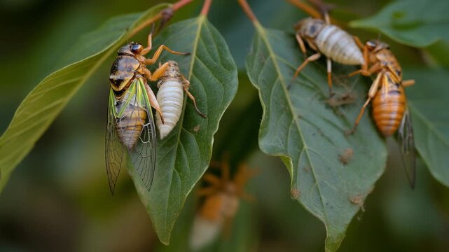 Cicada emerging from exoskeleton on lush green leaves during soft daylight with shallow depth of field
