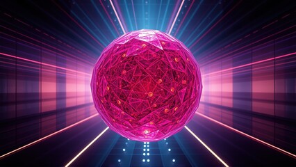 Fototapeta premium Bright pink sphere radiates energy. Lines converge toward center, creating futuristic tunnel effect. Dark background enhances glowing visuals.