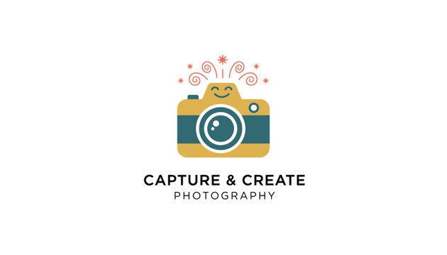 Fun photography studio logo features a smiling yellow camera with creative sparks and swirls coming from the top.