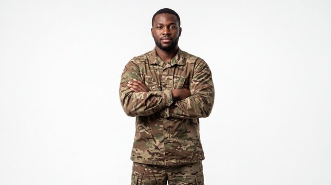 Portrait of a Black male soldier in camouflage uniform standing with arms crossed.