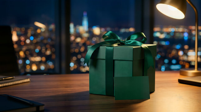Dark green gift box with ribbon on a wooden desk at night