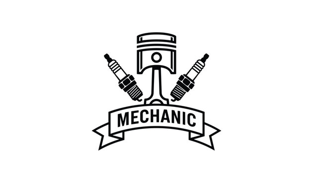 Professional mechanic service logo featuring a central engine piston flanked by two spark plugs on a classic ribbon banner.