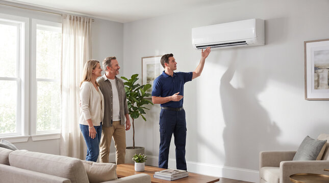 HVAC technician discussing mini split AC maintenance with homeowners