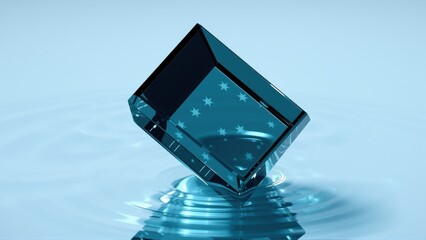 Fototapeta premium Blue cube floats upon water. Stars visible inside transparent material. Reflections create ripple effect. Minimalist composition.