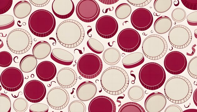 Retro typewriter keys seamless pattern featuring scattered round key caps with embossed edge detailing, cream and burgundy color scheme, and ink-ribbon curls.
