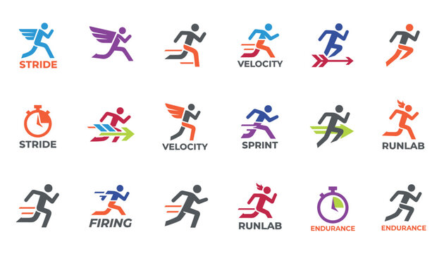 Collection of sports logos and icons depicting runners with wings and arrows to represent speed, sprint, and endurance concepts.