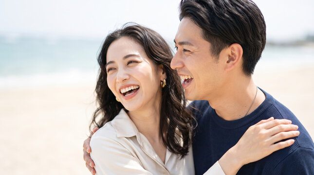 海辺で笑顔を見せる仲良いカップル