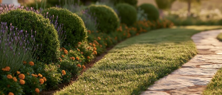Curved stone path winding through a manicured garden bordered by lavender and marigolds