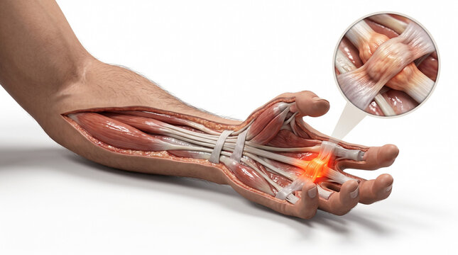 Trigger finger 3D medical illustration. Forearm and hand with skin cutaway showing flexor tendons and glowing inflamed tendon sheath in magnified callout on white