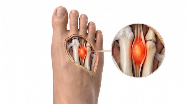 Morton neuroma 3D medical illustration. Top view of foot with skin cutaway showing thickened glowing nerve between toe bones and magnified close up on white