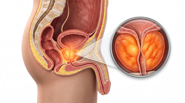 Enlarged prostate 3D medical illustration. Cross section of male pelvis showing bladder and glowing swollen prostate gland with magnified close up on white