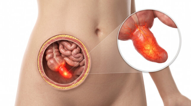 Appendicitis 3D anatomy illustration. Female lower abdomen with skin cutaway showing large intestine and glowing swollen appendix in magnified close up on white