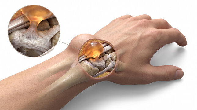 Ganglion cyst 3D medical illustration. Back of hand and wrist with skin cutaway showing jelly like glowing cyst attached to joint capsule in zoomed callout on white