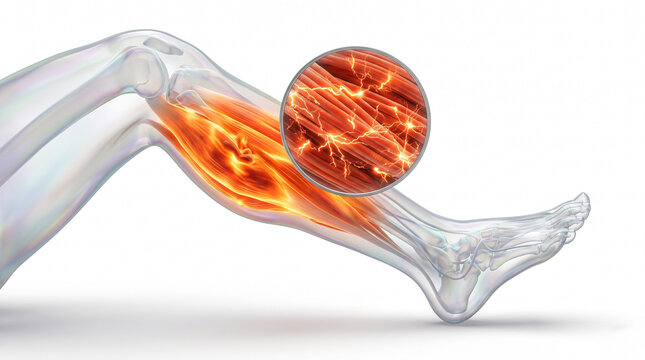 Leg cramp 3D anatomy illustration. Translucent glass style lower leg showing contracted calf muscle glowing with nerve signals in zoomed close up on white