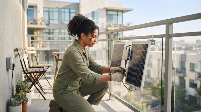 Technician engineer woman installation portable solar energy system off grid balcony in California