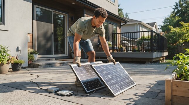 People man installing portable solar panels for residential electricity