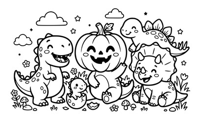 Cute Pumpkin Dinosaur Friends Coloring Book Outline Vector Illustration © Abu