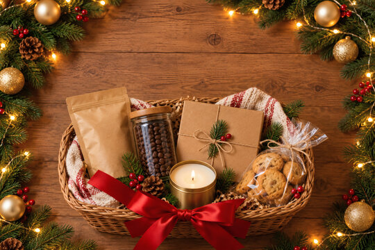 Overhead Christmas gift hamper with coffee cookies and candle