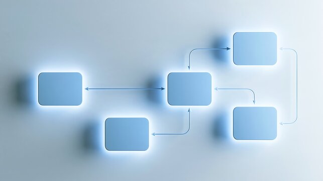 Blue glowing flowchart boxes and connecting arrows process diagram