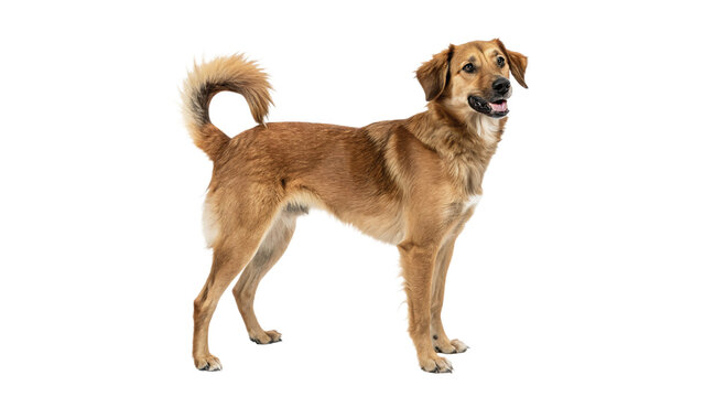 Single alert domestic mongrel dog standing full body isolated on transparent background