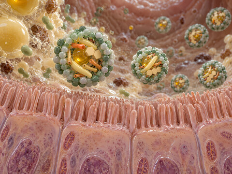 3D rendering of lipid micelles absorption at intestinal villi microvilli brush border