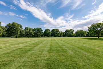 Naklejka premium The Open Field Beneath a Bright Sky Framed by Lush Green Trees