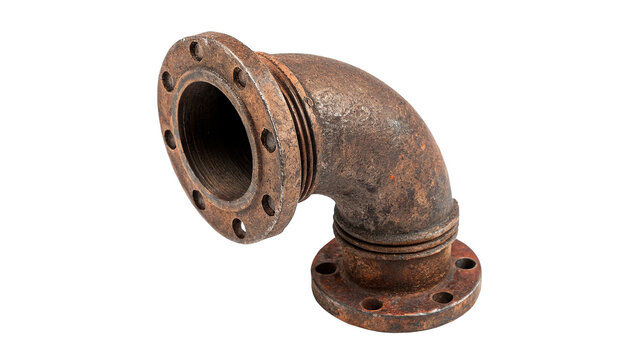 Industrial rusty cast iron pipe elbow bend component isolated on transparent background