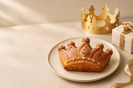 Epiphany bakery counter with crown shaped pastry, gold paper crown and gift box, Three Kings Day