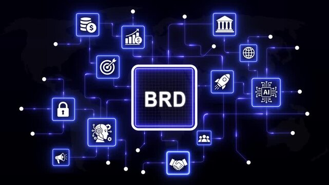 Business requirements document brd concept with digital network connections, glowing blue corporate strategy infographic, data management, planning, software development lifecycle process