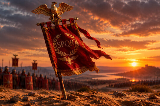 A red Roman legionary standard with a golden eagle planted in sandy soil.